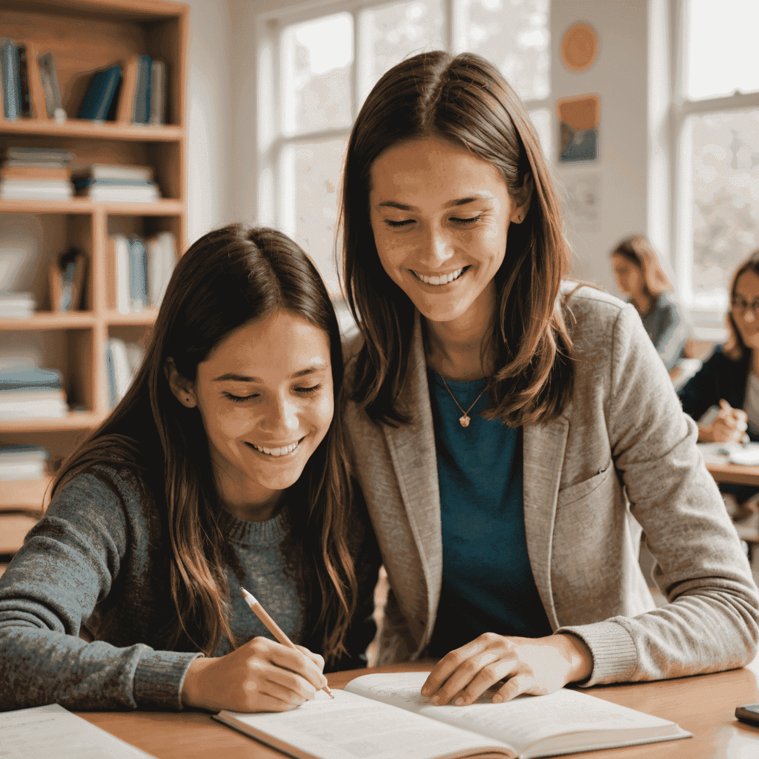 Estudiante sonriente recibiendo tutoría individual de un profesor en un ambiente acogedor y luminoso. El tutor señala algo en un libro mientras el estudiante toma notas.