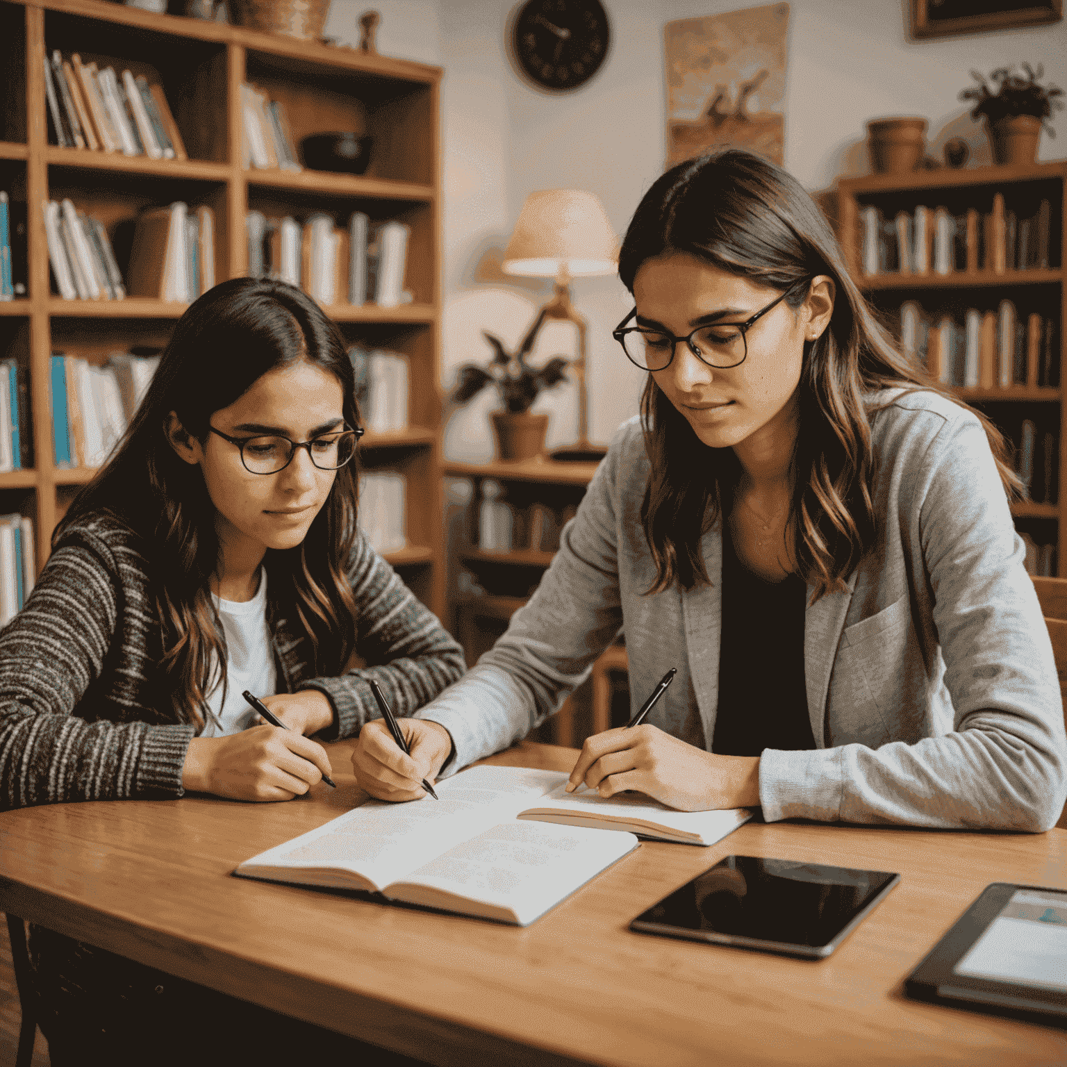 Estudiante español recibiendo tutoría individual en un ambiente acogedor, con libros y una tableta digital sobre la mesa