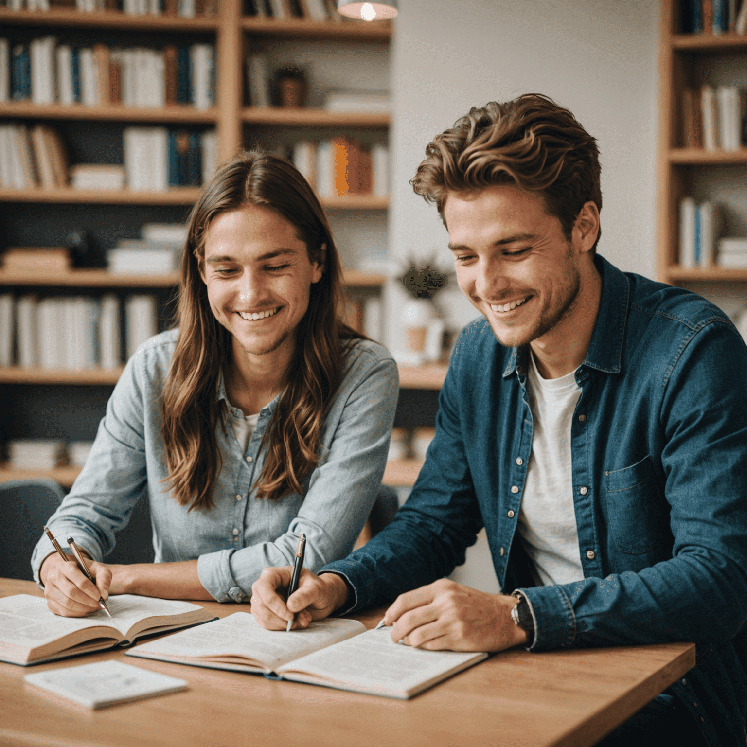 Estudiante sonriente sentado junto a su tutor, ambos revisando un libro de texto en una mesa de estudio bien iluminada