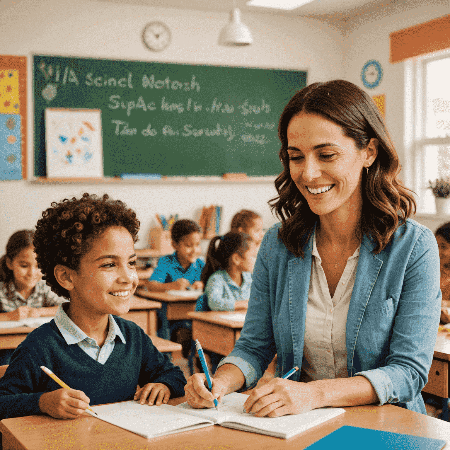 Un profesor sonriente enseñando español a un estudiante en un aula luminosa y acogedora