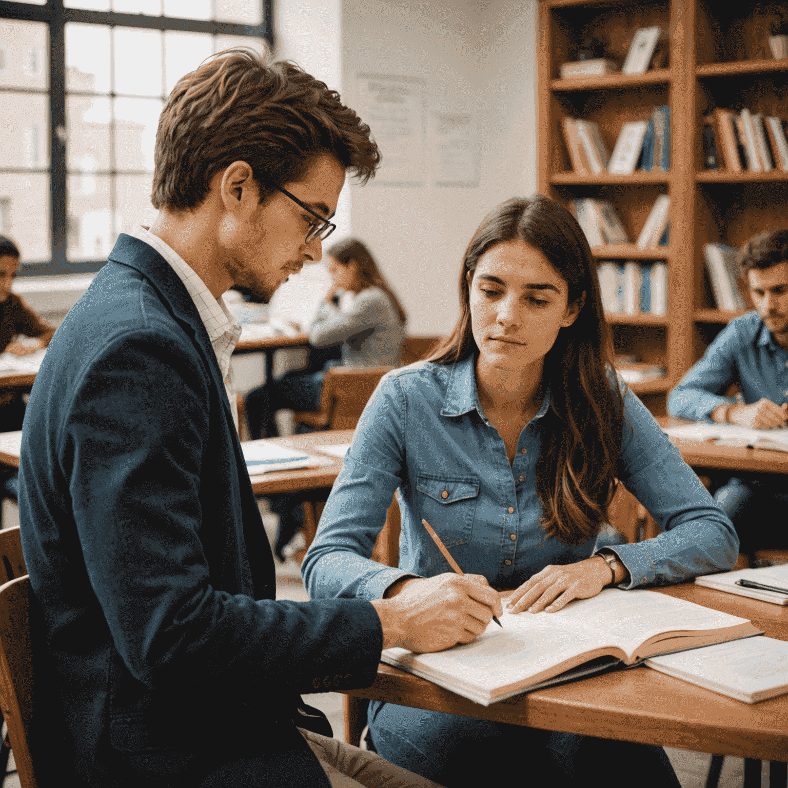 Estudiante tomando una clase individual de español con un tutor profesional. El tutor señala algo en un libro de texto mientras el estudiante escucha atentamente.