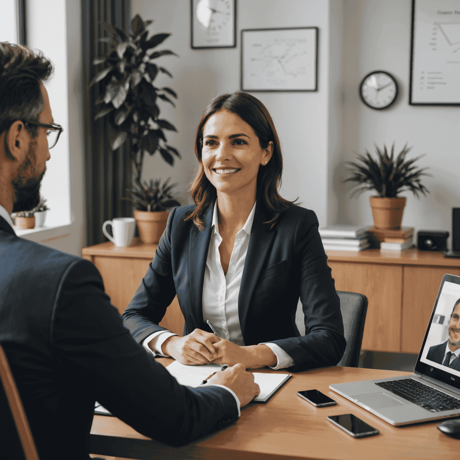 Profesional de negocios practicando español en una reunión virtual con su tutor