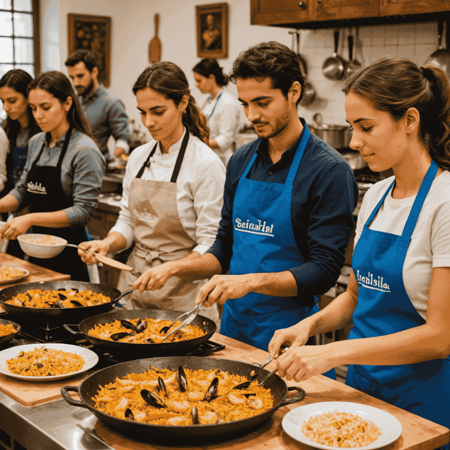 Estudiantes participando en una clase de cocina española, preparando paella