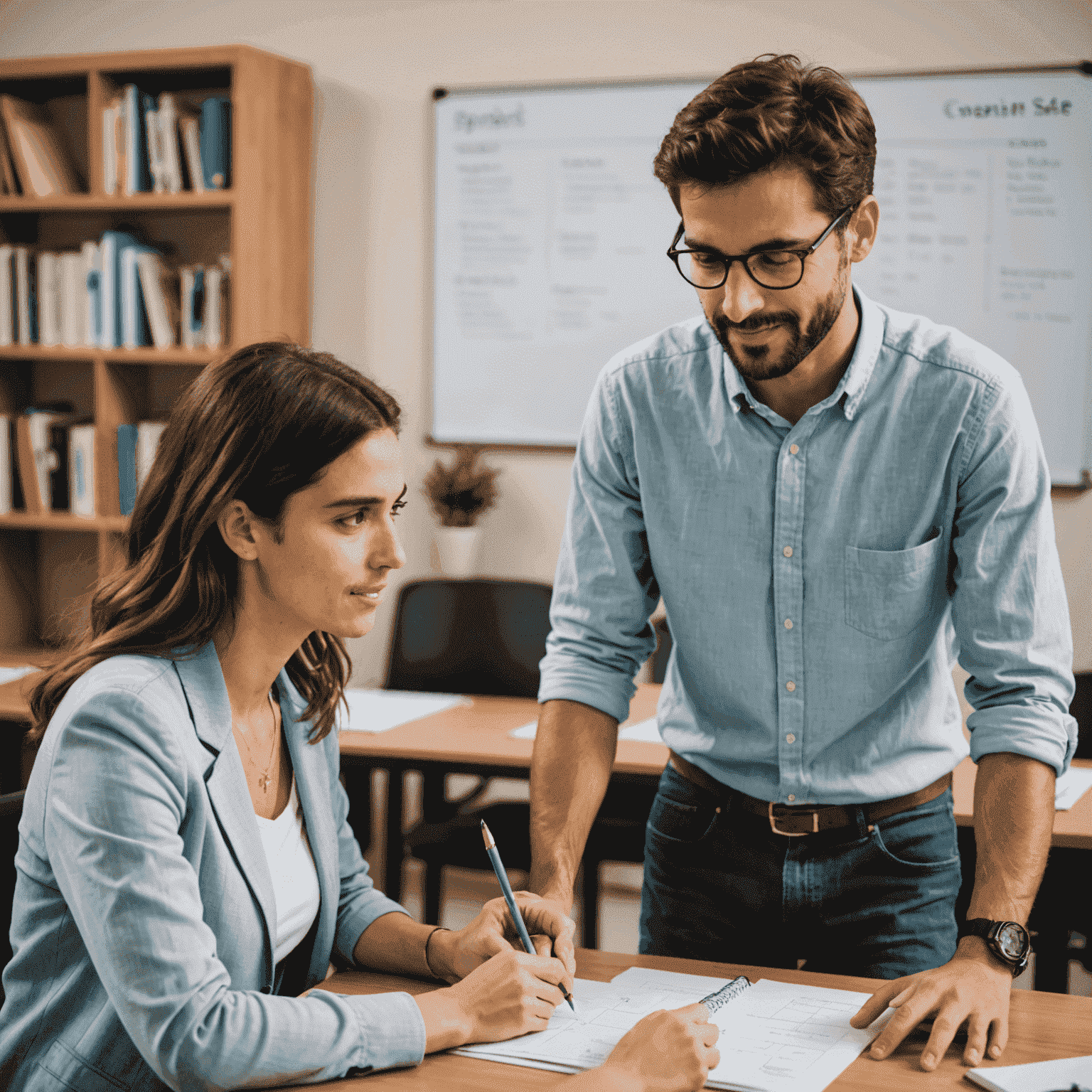 Tutor de español explicando conceptos de negocios a un estudiante profesional