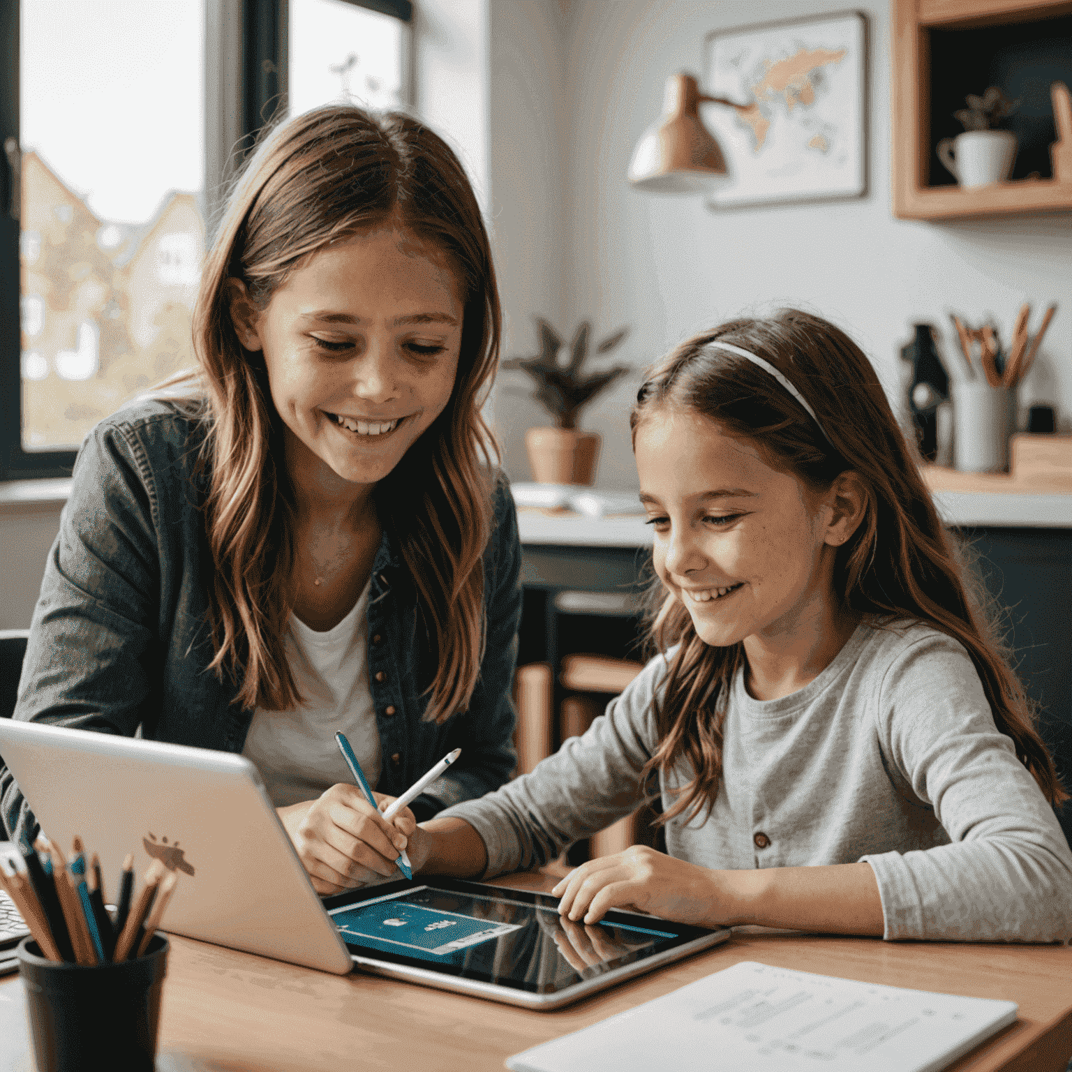 Niña pequeña sentada en su escritorio en casa, sonriendo mientras trabaja en sus tareas con un iPad, con su tutor guiándola virtualmente en la pantalla