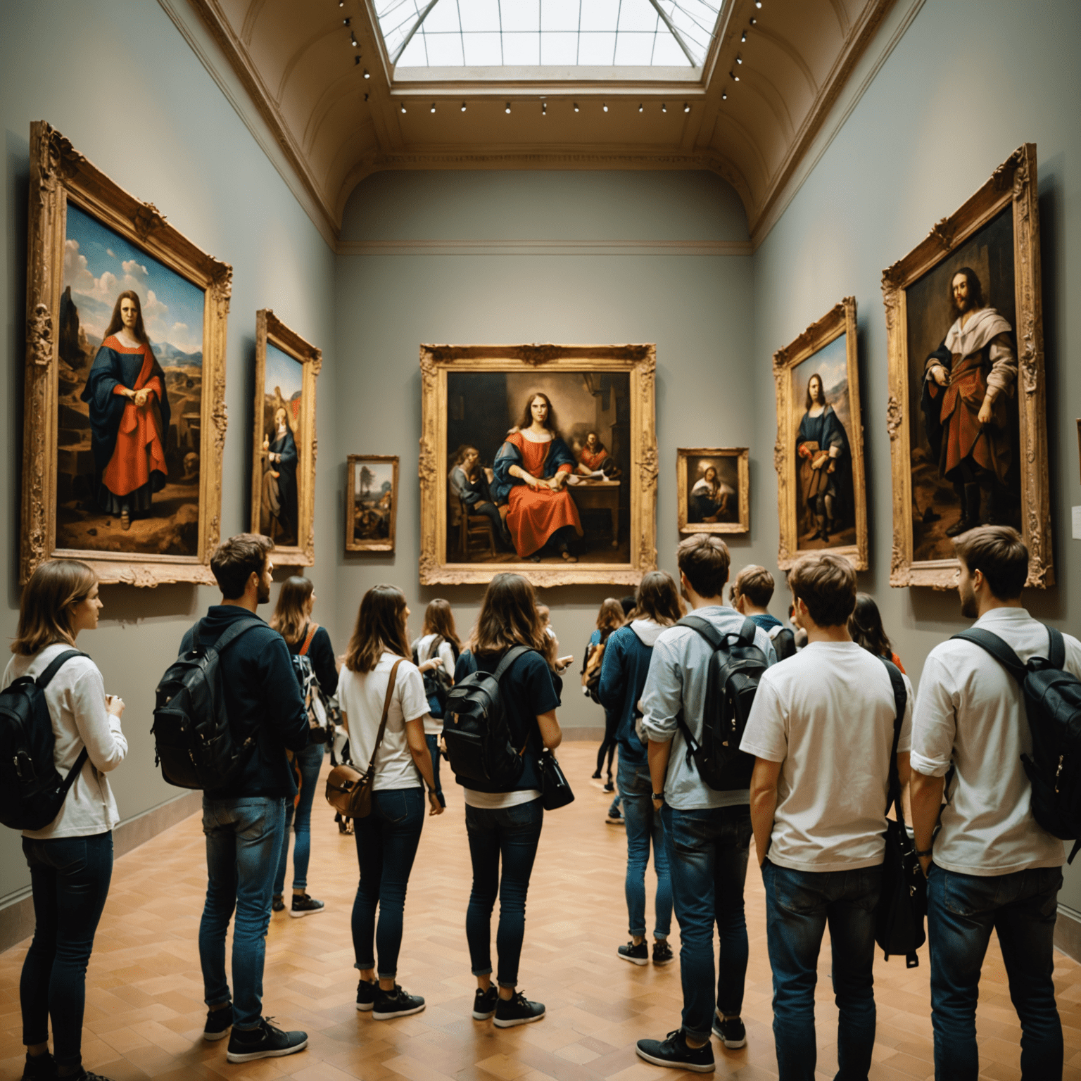 Grupo de estudiantes visitando un museo de arte en España, observando pinturas famosas