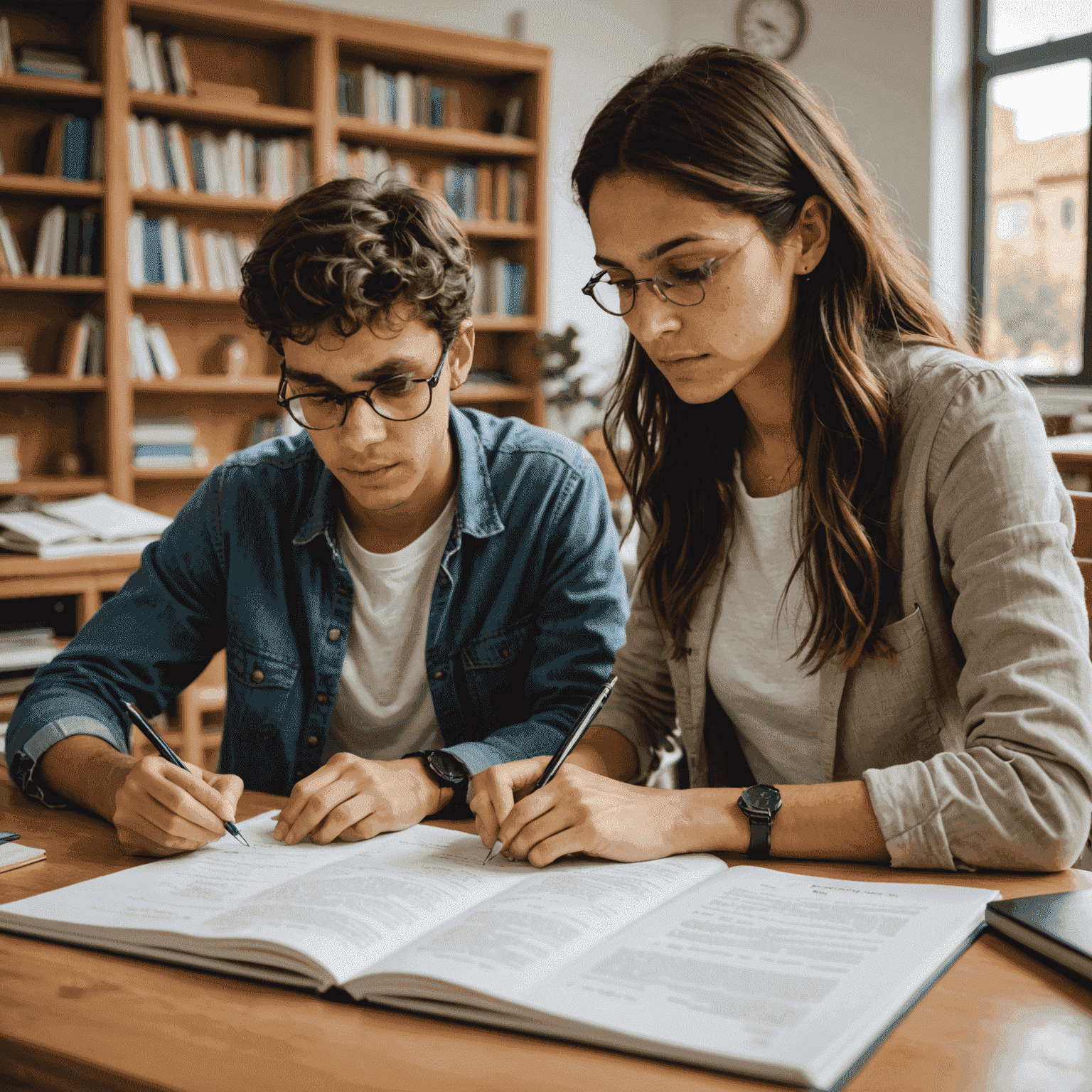 Un estudiante concentrado estudiando con un tutor para un examen oficial de español